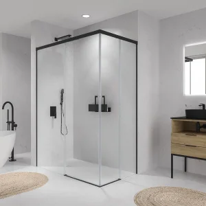 Mampara
de ducha rectangular BASIC apertura angular 2 fijos-2 puertas correderas. Sin
perfil inferior. Con tratamiento anti-cal.Acabado NEGRO MATE
