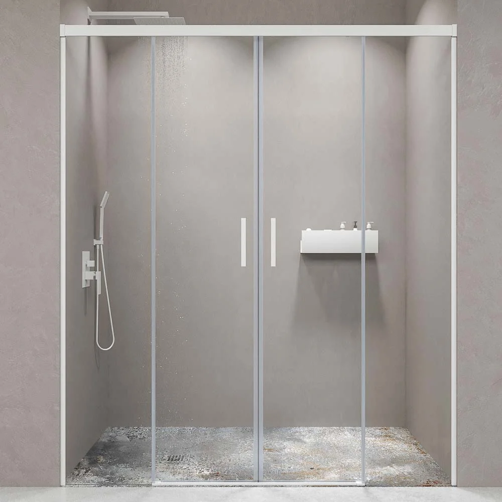 Mampara
de ducha frontal BASIC 2 fijos -2 puertas correderas. Sin perfil inferior.
Con tratamiento anti-cal . Acabado CROMO BRILLO