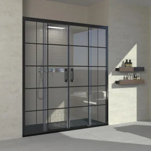 Mampara
  de ducha frontal FLARE 2 fijos -2 puertas correderas decorado industrial. Sin
  perfil inferior. Con tratamiento anti-cal. Acabado NEGRO MATE