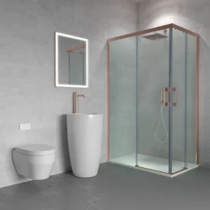 Mampara
  de ducha rectangular FLARE apertura angular 2 fijos-2 puertas correderas. Sin
  perfil inferior. Con tratamiento anti-cal. Acabado ORO ROSA