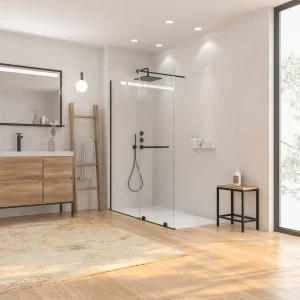 Mampara
  de ducha VERONA frontal abierta 1 fijo- 1 puerta corredera acabado. NEGRO
  MATE