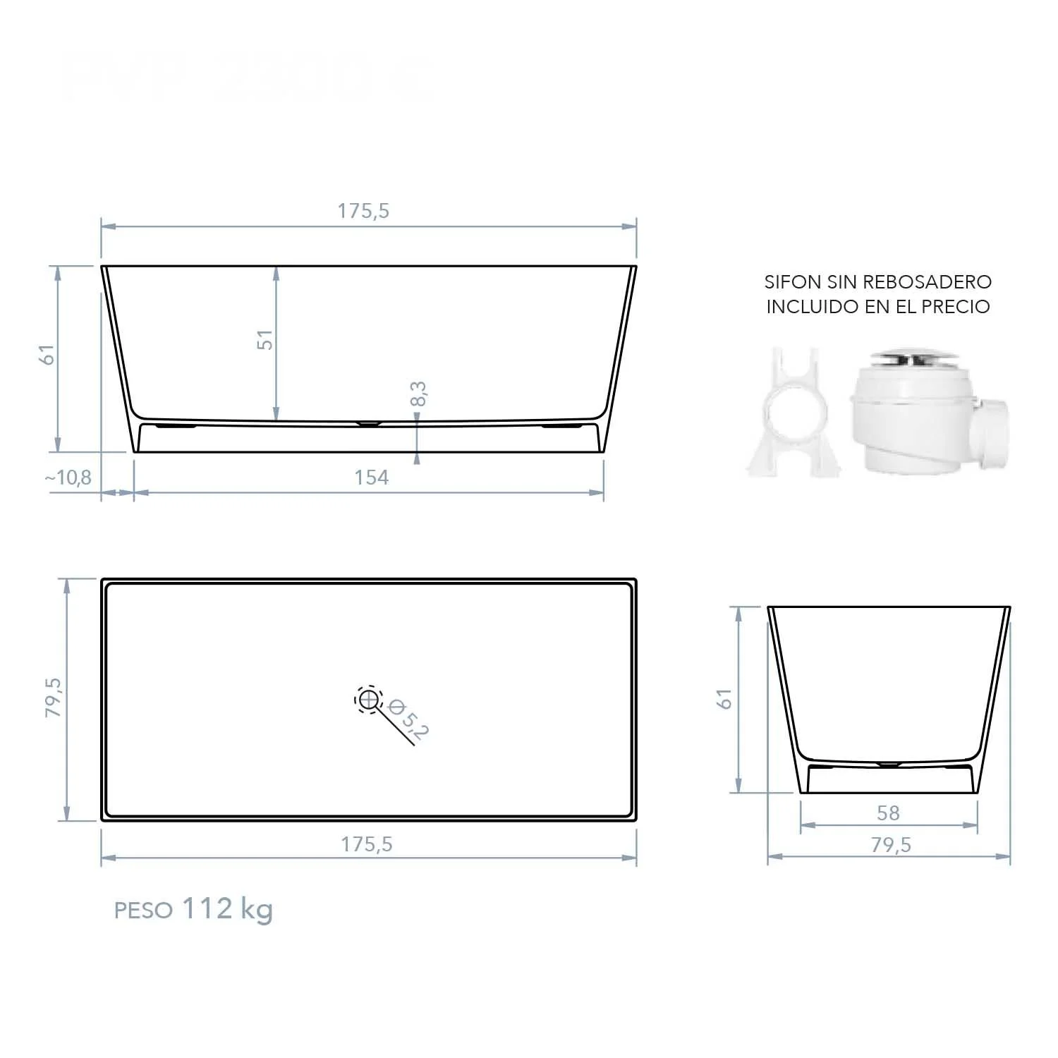 Bañera
exenta ANNA rectangular solid surface 175x79.5 cm