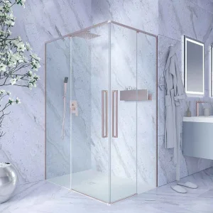 Mampara
  de ducha PETRA rectangular 2 fijos - 2 puertas correderas vidrio 6 mm. ACERO
  INOXIDABLE acabado ORO ROSA