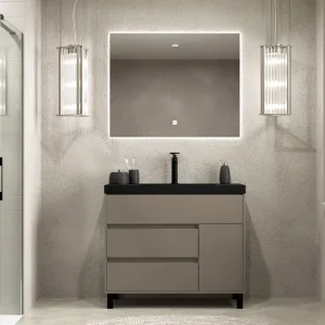 Mueble
de baño con patas 3 cajones / 1 puerta CARMEN acabado TOPO