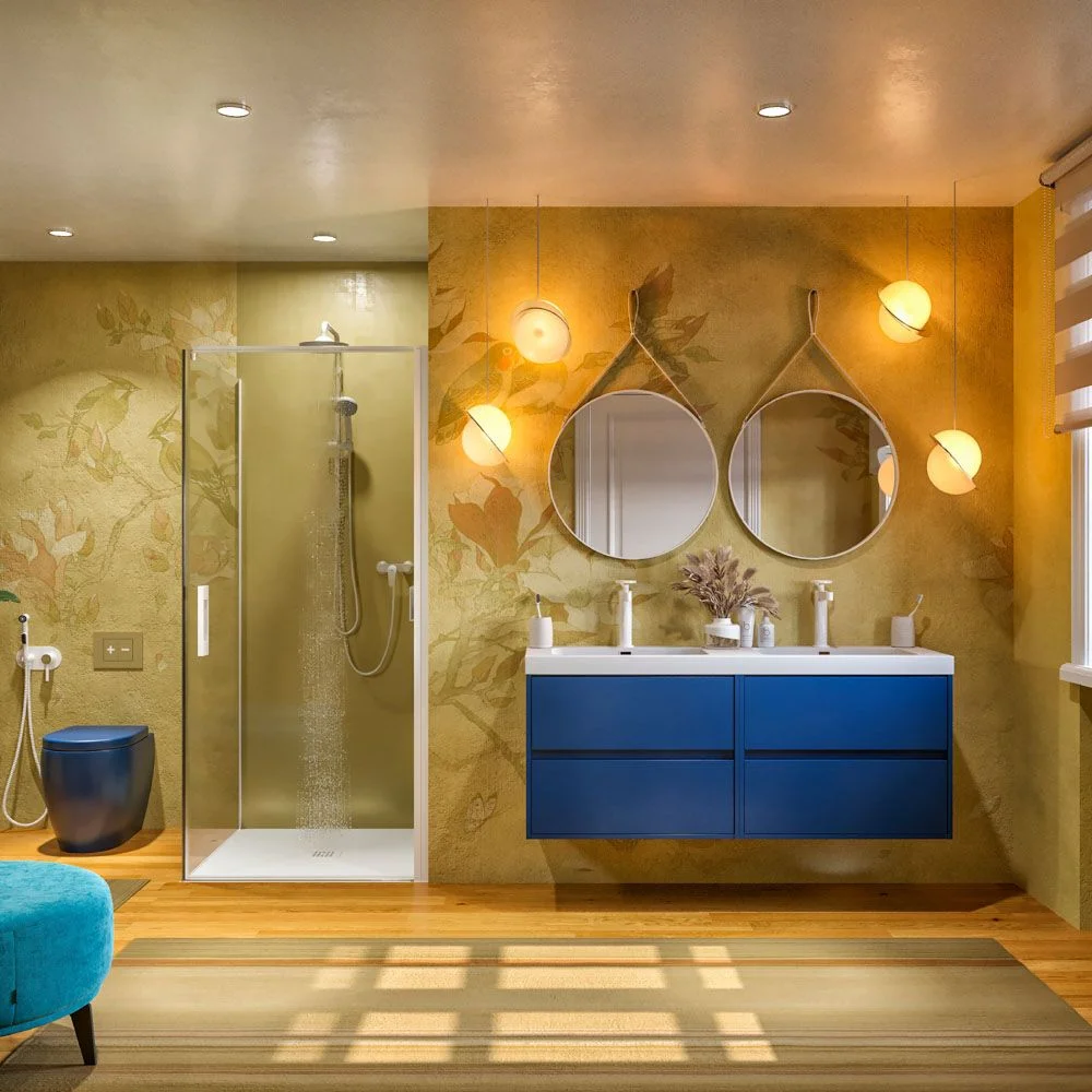Mueble
de baño suspendido 120 cm 4 cajones CARMEN con lavabo doble 2 senos resina
acabado AZUL COBALTO