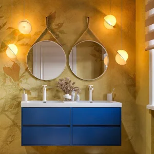 Mueble
  de baño suspendido 120 cm 4 cajones CARMEN con lavabo doble 2 senos resina
  acabado AZUL COBALTO