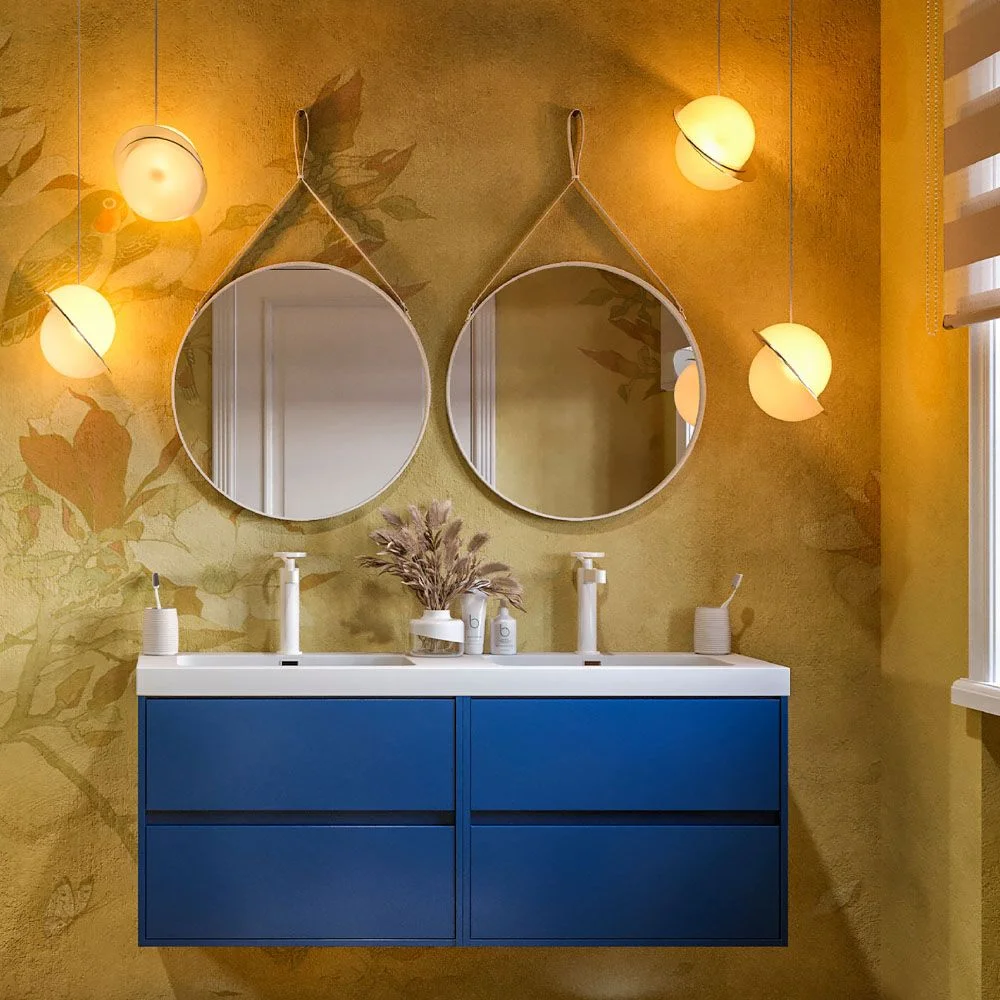 Mueble
de baño suspendido 120 cm 4 cajones CARMEN con lavabo doble 2 senos resina
acabado AZUL COBALTO