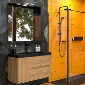 Mueble
  de baño suspendido 2 cajones / 1 puerta CARMEN con lavabo resina acabado
  ROBLE CLARO