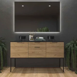 Mueble
de baño ELLA con patas 2 cajones - 2 puertas con encimera SOLID SURFACE 2
senos ROBLE CLARO