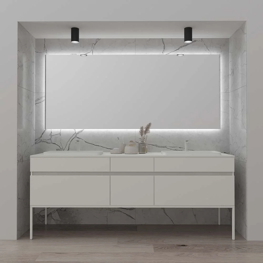 Mueble
de baño DUNE con patas 6 cajones con encimera SOLID SURFACE 2 senos