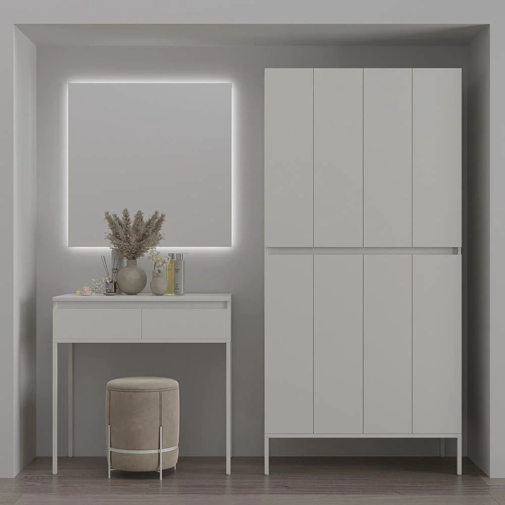 Mueble
de baño DUNE con patas 6 cajones con encimera SOLID SURFACE 2 senos