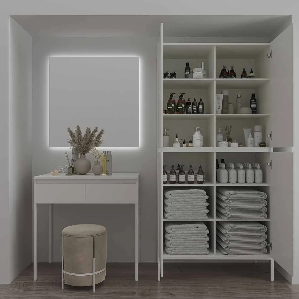 Mueble
de baño DUNE con patas 6 cajones con encimera SOLID SURFACE 2 senos