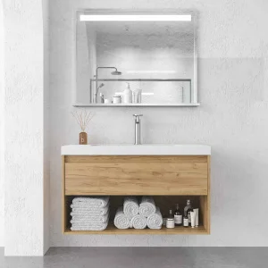 Mueble
  de baño suspendido 1 cajón / 1 hueco CARMEN con lavabo resina acabado ROBLE
  CLARO