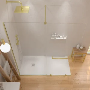 Mampara
  de ducha VERONA frontal abierta 1 fijo- 1 puerta corredera. Acabado ORO MATE