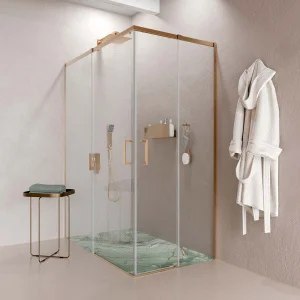 Mampara
  de ducha AXER rectangular 2 fijos - 2 puertas correderas vidrio 6 mm. ACERO
  INOXIDABLE acabado COBRE