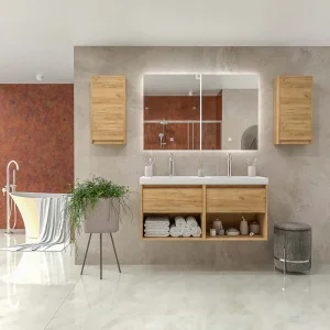 Mueble
  de baño suspendido 2 lavabos 4 cajones / 2 huecos 120 cm acabado ROBLE CLARO