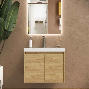 Mueble
suspendido 2 puertas CARMEN con lavabo resina acabado ROBLE CLARO