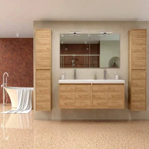 Mueble
de baño CARMEN suspendido 2 lavabos - 4 puertas 120 cm acabado ROBLE CLARO
