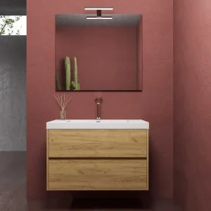 Mueble
de baño suspendido 2 cajones CARMEN con lavabo resina acabado ROBLE CLARO