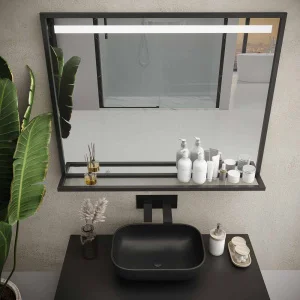 Espejo
de baño EVO con marco y estante aluminio varios acabados luz LED frontal
