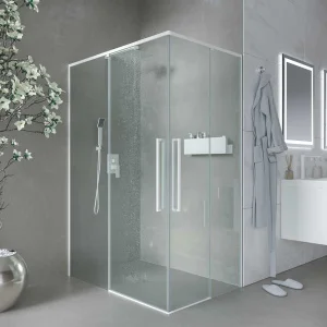 Mampara
  de ducha PETRA rectangular 2 fijos - 2 puertas correderas vidrio 6 mm. ACERO
  INOXIDABLE acabado BLANCO MATE