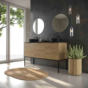 Mueble
de baño ELLA con patas 3 puertas con tapa SOLID SURFACE 2 senos ROBLE CLARO