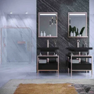 Mueble
  de baño INDEX estructura con patas 1 cajón lavabo suspendido NEGRO-ORO ROSA