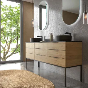Mueble
de baño ELLA con patas 9 cajones con tapa SOLID SURFACE 2 lavabos ROBLE CLARO