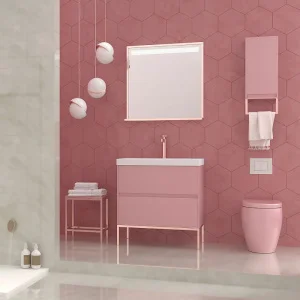 Mueble
  de baño 2 cajones acabado mate ROSA PALO con lavabo resina 6 cm grosor