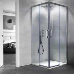 Mampara
de ducha cuadrada FLARE apertura angular 2 fijos-2 puertas correderas. Sin
perfil inferior. Con tratamiento anti-cal. Acabado CROMO BRILLO