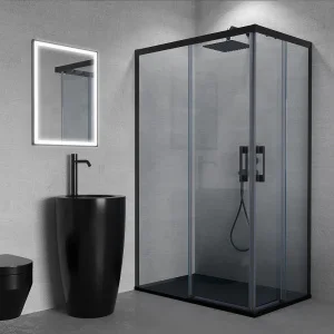 Mampara
de ducha rectangular FLARE apertura angular 2 fijos-2 puertas correderas. Sin
perfil inferior. Con tratamiento anti-cal. Acabado NEGRO MATE