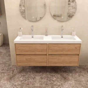 Mueble
de baño suspendido 2 lavabos 4 cajones 120 cm acabado ROBLE CLARO