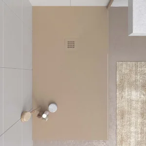 Plato ducha resina MYSTONE Moka RAL 1019 y colores exclusivos textura pizarra antibacteriano y antideslizante