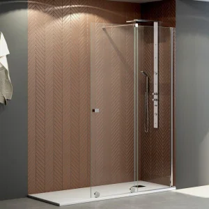 Mampara
de ducha fijo + corredera JUNIOR walk-in . Acabado CROMO BRILLO