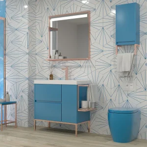 Mueble
  de baño 2 cajones - 1 puerta acabado mate AZUL CIELO con lavabo resina 6 cm
  grosor