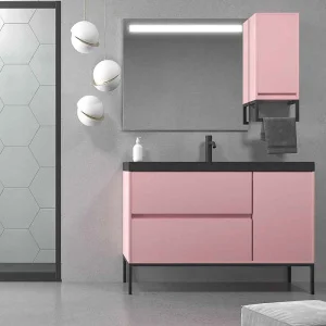 Mueble
  de baño EVO 2 cajones - 1 puerta acabado mate ROSA PALO con lavabo resina 6
  cm grosor