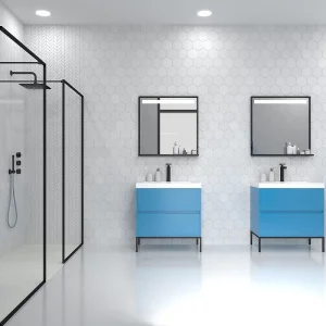 Mueble
  de baño EVO 2 cajones acabado mate AZUL CIELO con lavabo resina 6 cm grosor