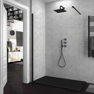 Fijo de
  ducha mampara ZEN perfil Negro mate - Vidrio 8 MM con tratamiento anti-cal
  incluido- Brazo sujección acero extensible.