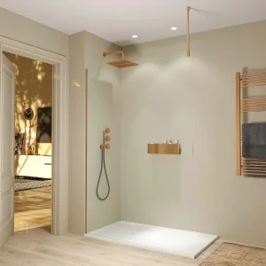 Fijo de ducha mampara ZEN perfil Cobre - Vidrio 8 MM con tratamiento anti-cal incluido- Brazo sujección acero inox. extensible