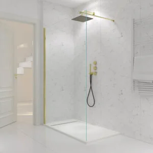 Fijo de
  ducha mampara ZEN perfil Oro - Vidrio 8 MM con tratamiento anti-cal incluido-
  Brazo sujección acero inox. extensible
