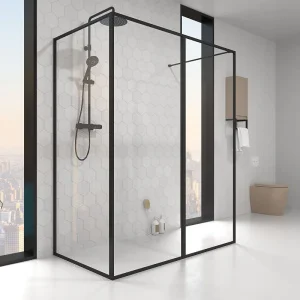 Fijo de
ducha LINE con perfilería enmarcada 3 cuerpos - Vidrio 4 MM con tratamiento
anti-cal incluido- Brazo sujección acero inox