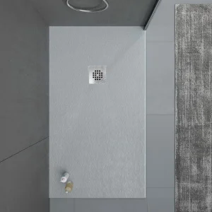 Plato
  ducha resina ONE Gris RAL 7040 y otros colores con textura pizarra
  antibacteriano y antideslizante. Rejilla inox