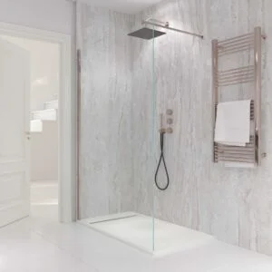 Fijo de
ducha mampara ZEN perfil Oro Rosa - Vidrio 8 MM con tratamiento anti-cal
incluido- Brazo sujección acero inox. extensible