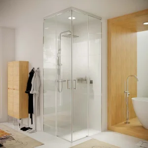 Mampara
de ducha TECH HIGH cuadrada 2 fijos - 2 puertas correderas vidrio 8 mm. ACERO
INOXIDABLE fabricada a techo