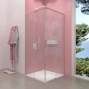 Mampara
de ducha cuadrada NEXO apertura angular 2 fijos-2 puertas correderas Acabado
ROSA PALO