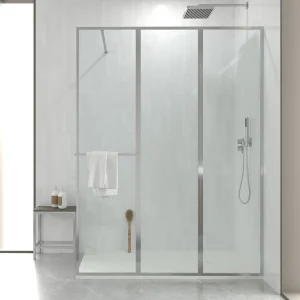 Fijo de
ducha a medida mampara LINE S con perfilería enmarcada 3 cuerpos - Vidrio 4
MM con tratamiento anti-cal incluido- Brazo sujecci?n acero inox.