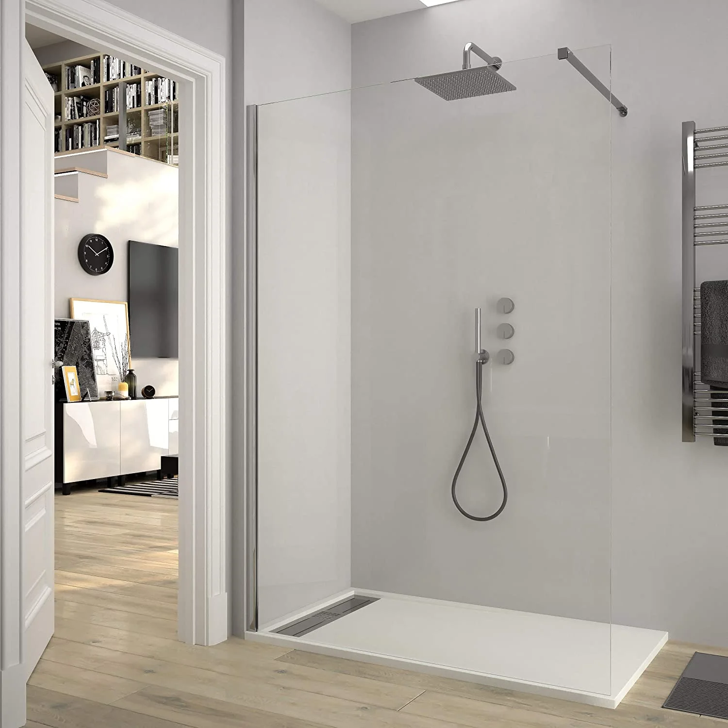 Fijo de
ducha mampara ZEN perfil Cromo - Vidrio 8 MM con tratamiento anti-cal
incluido- Brazo sujección acero inox. extensible