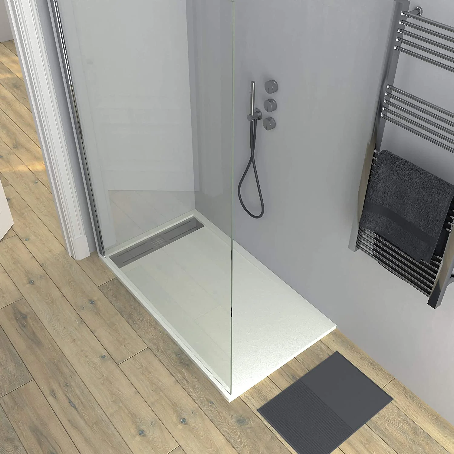 Fijo de
ducha mampara ZEN perfil Cromo - Vidrio 8 MM con tratamiento anti-cal
incluido- Brazo sujección acero inox. extensible