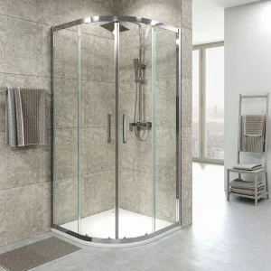 Mampara
de ducha semicircular FRAME 2 fijos-2 puertas correderas cristal
transparente. Con tratamiento anti-cal. Acabado CROMO BRILLO