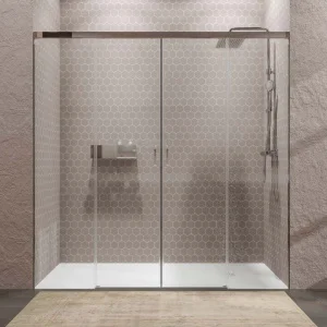 Mampara
  de ducha TECH STEEL frontal 2 fijos - 2 puertas correderas vidrio 8 mm. ACERO
  INOXIDABLE